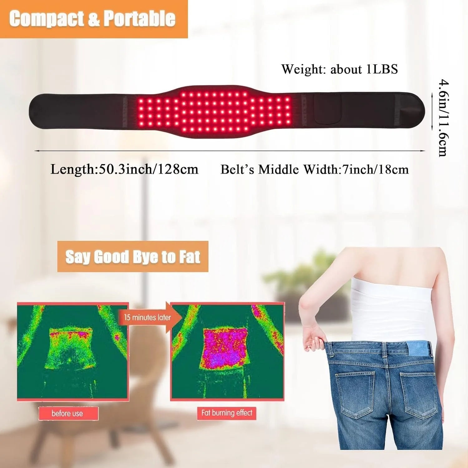 Black infrared therapy belt for waist pain relief with red light technology