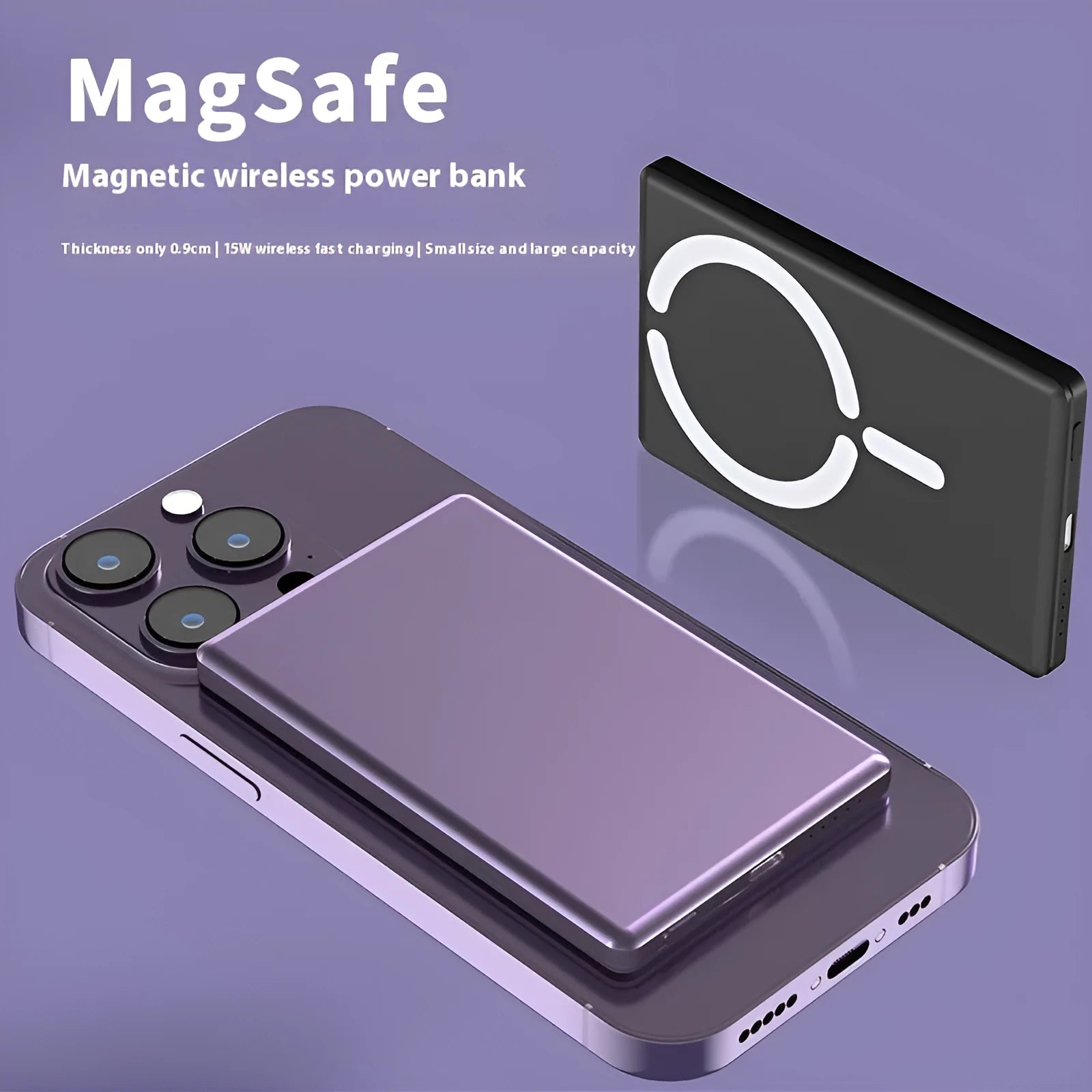 Ultra-thin dark gray magnetic power bank next to an iPhone, showing its slim 9mm profile and magnetic attachment.