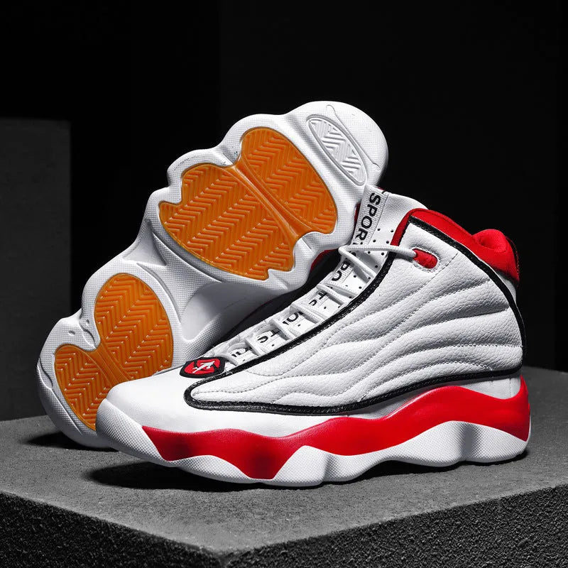 Men's AJ13 mesh basketball shoes with thick rubber sole in white red colour option
