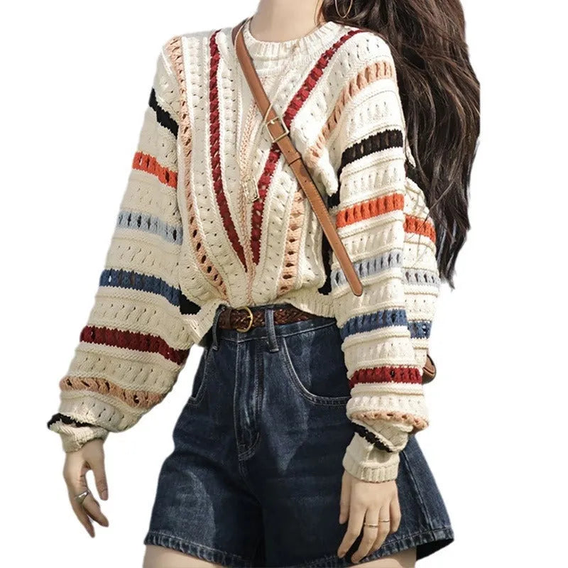 Retro rainbow stripe hollow knit sweater with batwing sleeves in Japanese Korean casual style