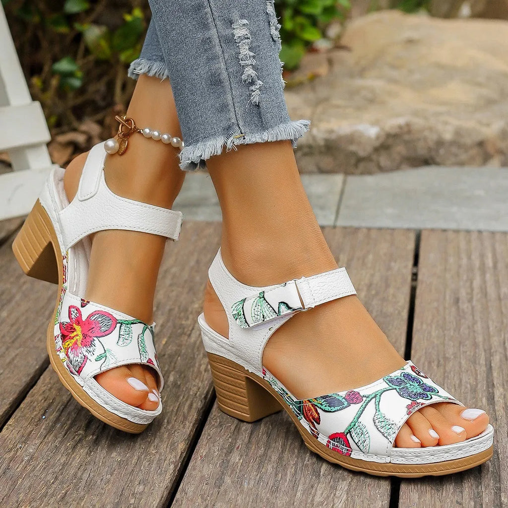White women's high heel sandals with Velcro buckle fastening showing PU upper and rubber sole