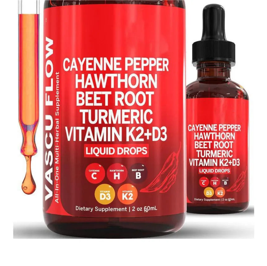 60ml bottle of Vitamin D3 and K2 liquid supplement drops with hawthorn fruit extract and a dropper.