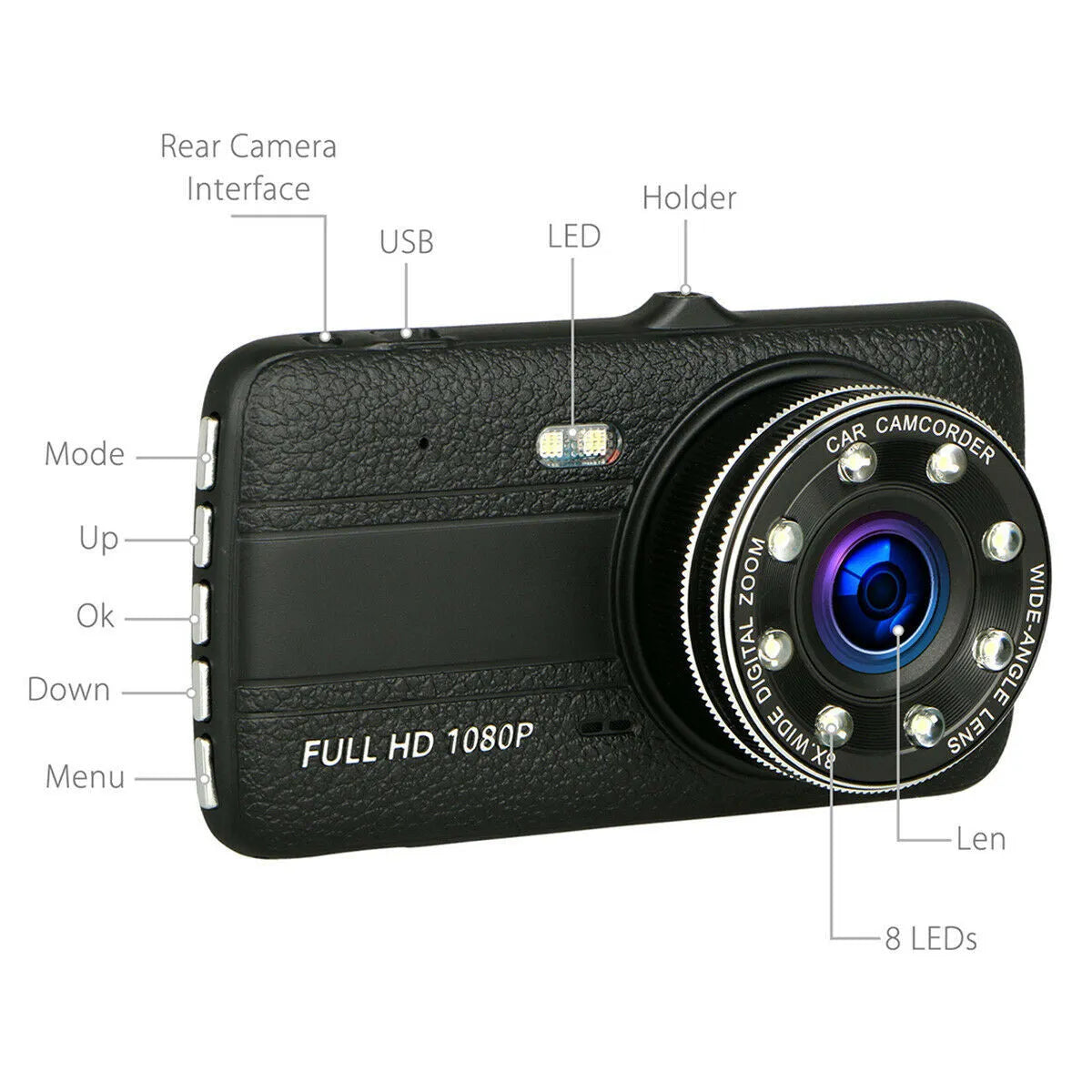 HD driving recorder with 8 night vision lights and 4.0 inch screen, dual lens 32GB model
