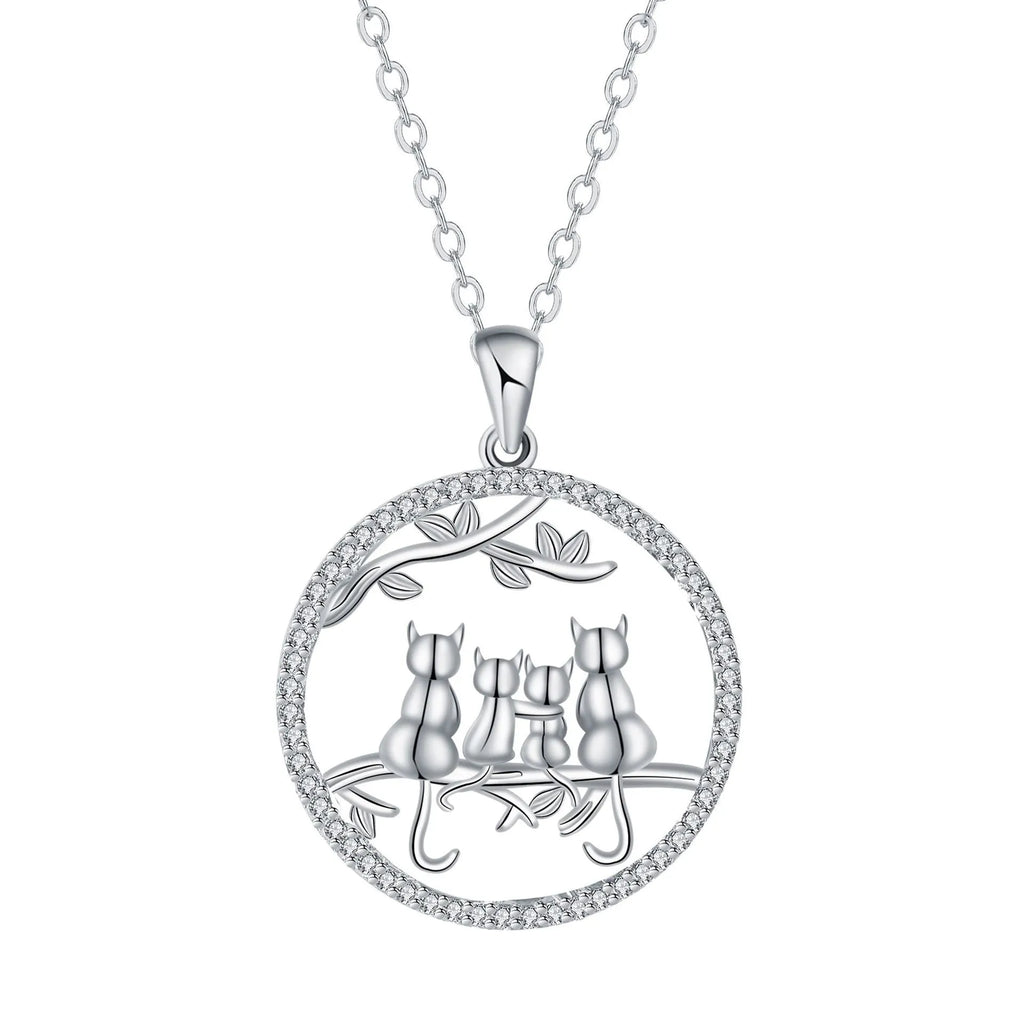 Copper necklace with a cat pendant on a cross chain, electroplated finish.