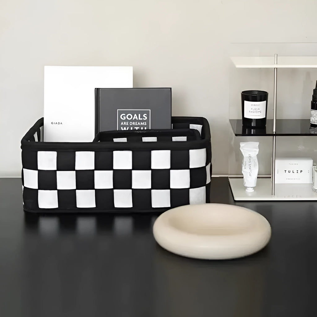 Checkerboard woven felt folding storage basket measuring 37x29x19.5cm
