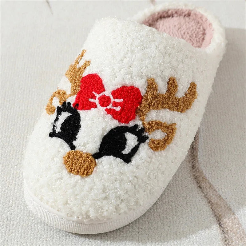 Christmas deer slippers women's home indoor non-slip warm plush TPR sole fox style