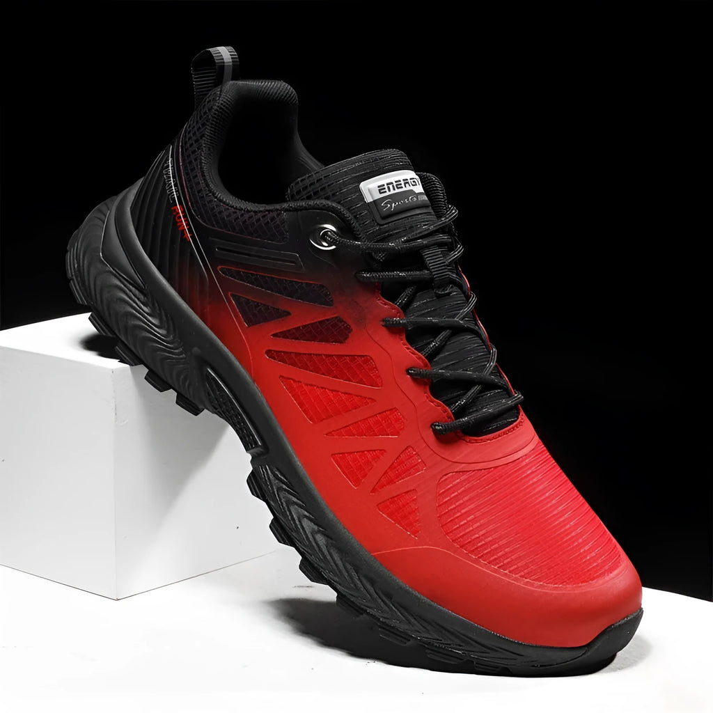 Men's black and orange outdoor running shoes with mesh upper and lace-up front.