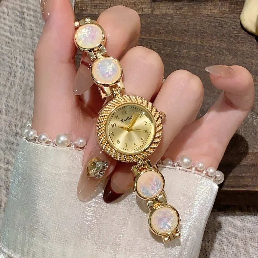 Women's quartz watch with 25mm round dial in six colour options showing zinc alloy case
