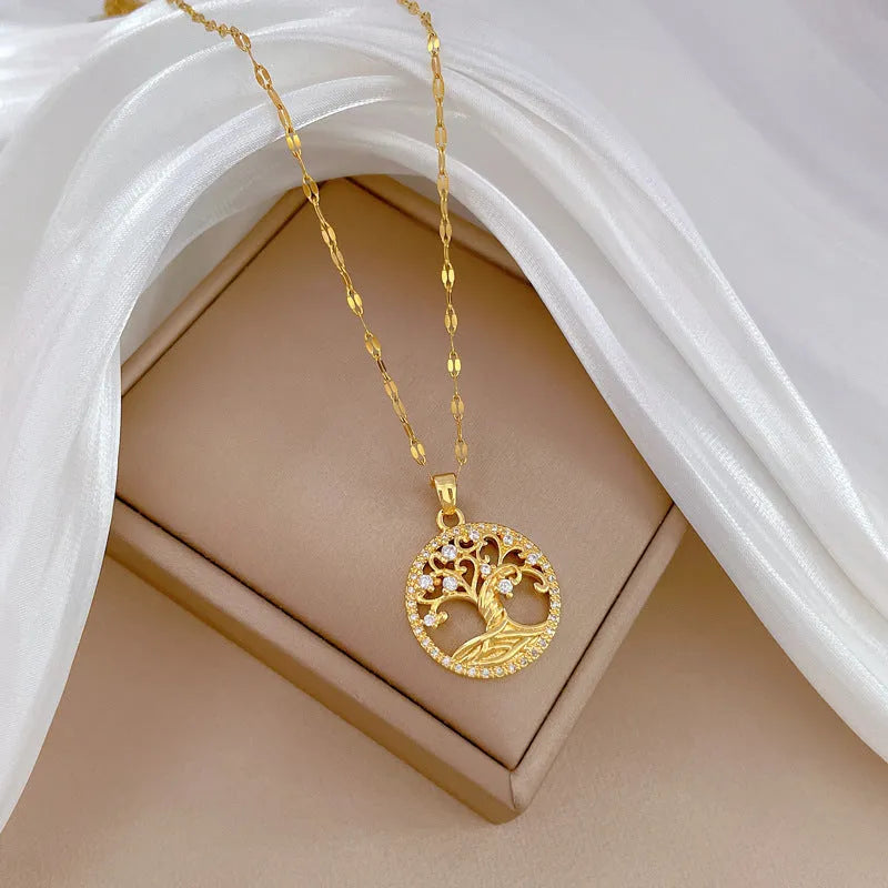Gold lucky tree pendant necklace with mother-of-pearl and rhinestone zircon on adjustable 41-50cm chain
