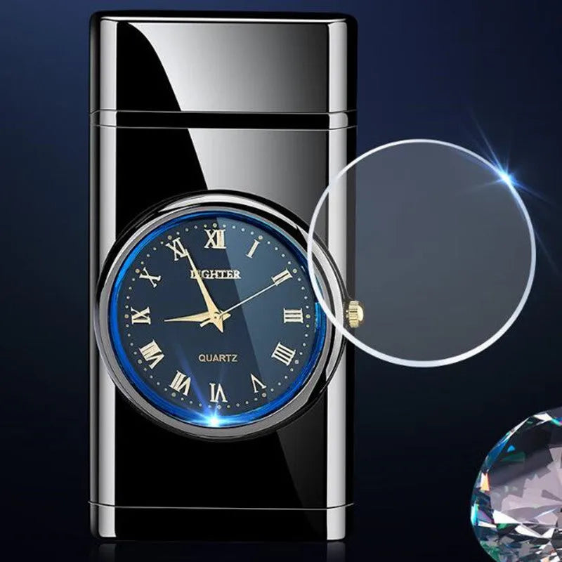 Multifunctional electronic watch gas lighter with LED lamp in multiple metal finishes