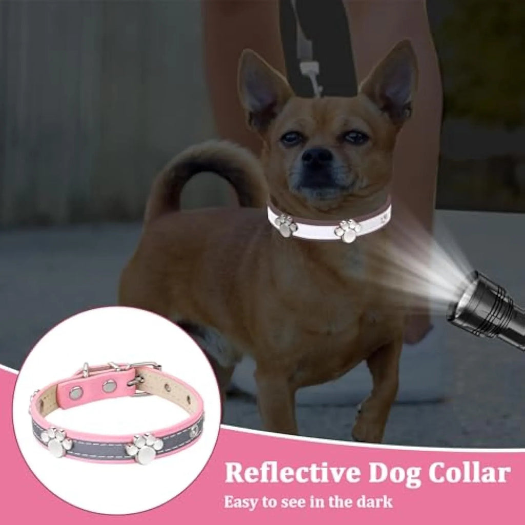 Reflective PU leather dog collar with metal paw rivets and adjustable buckle