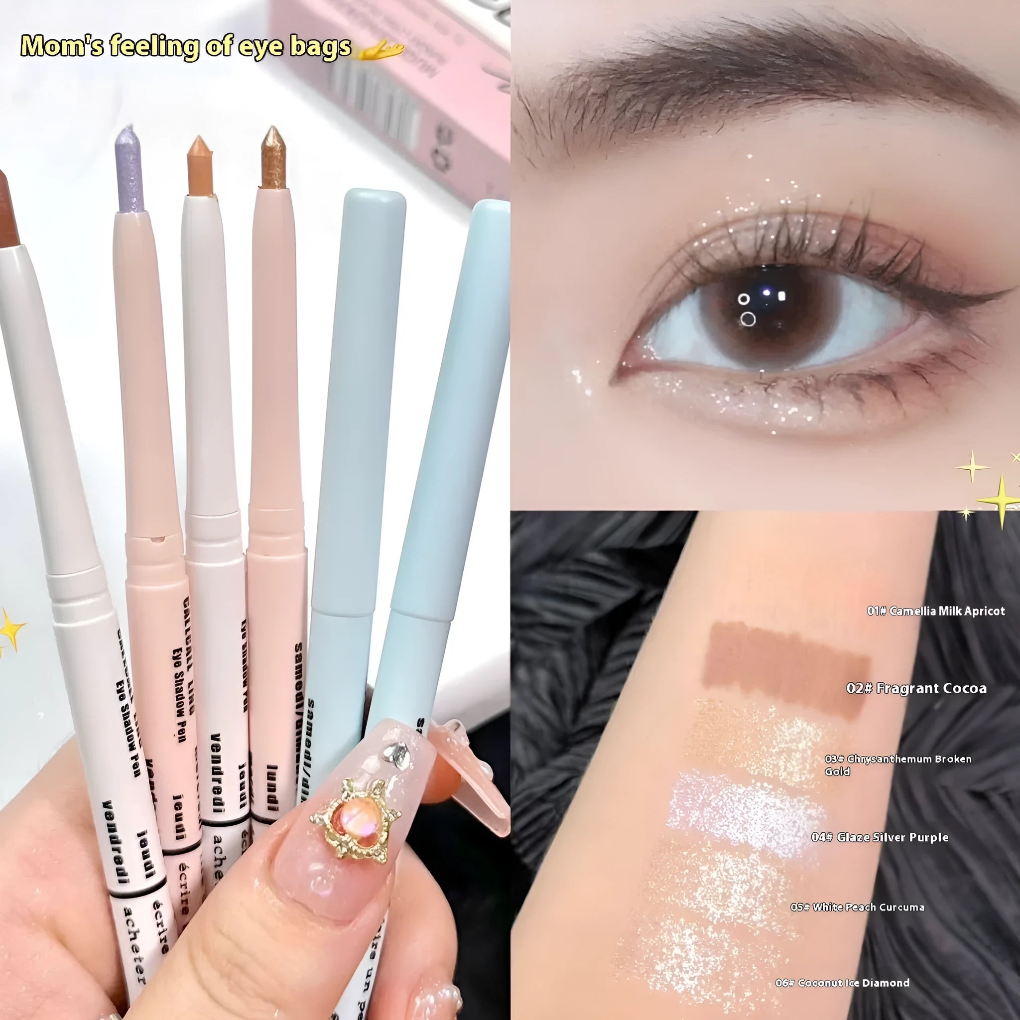 Waterproof 2-in-1 eyeshadow pen with six colour options showing camellia milk apricot and ice diamond debris shades
