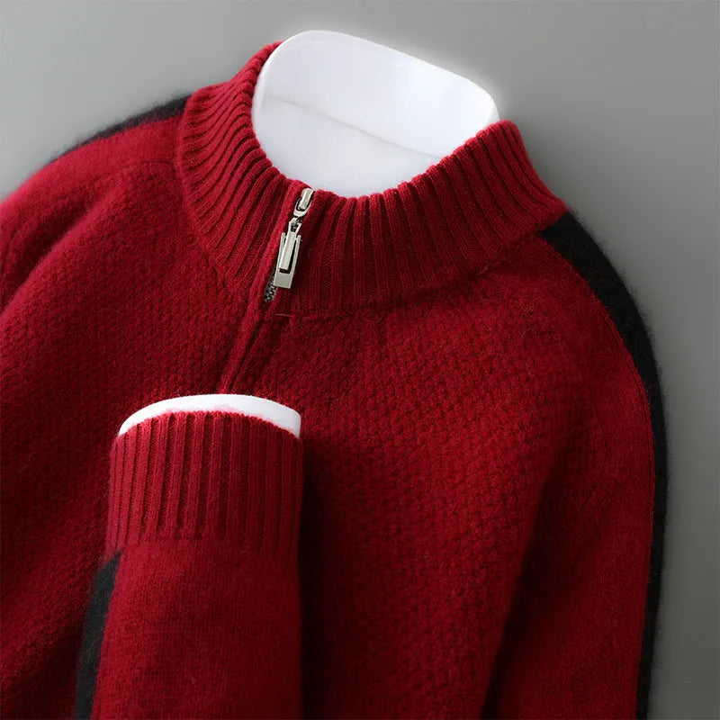 Sheep wool half-zip knitted sweater in slim fit with round neck available in multiple colours