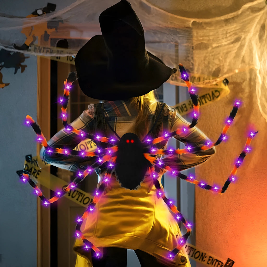 Halloween spider plush backpack with LED lights in orange, purple, white, green, or red colour options