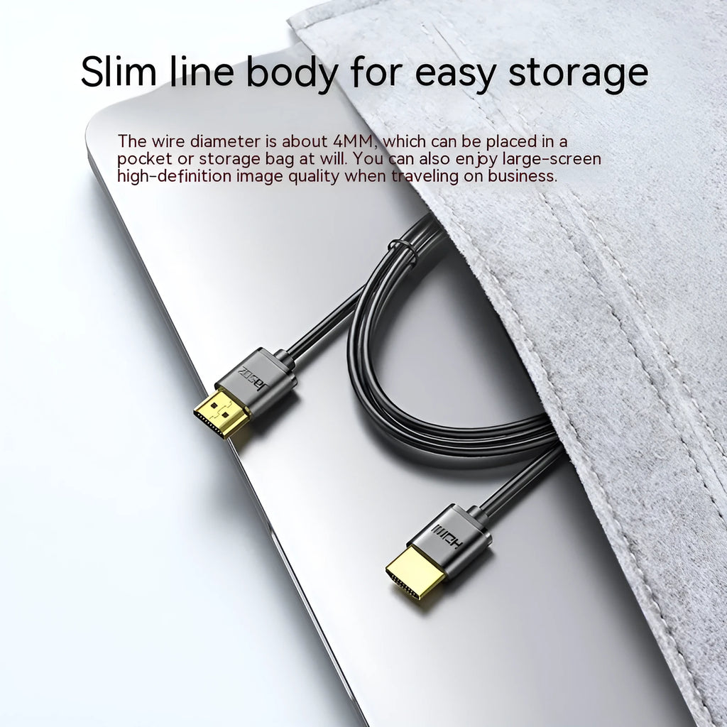 A thin, flexible black HDMI cable with gold-plated connectors on a white background.