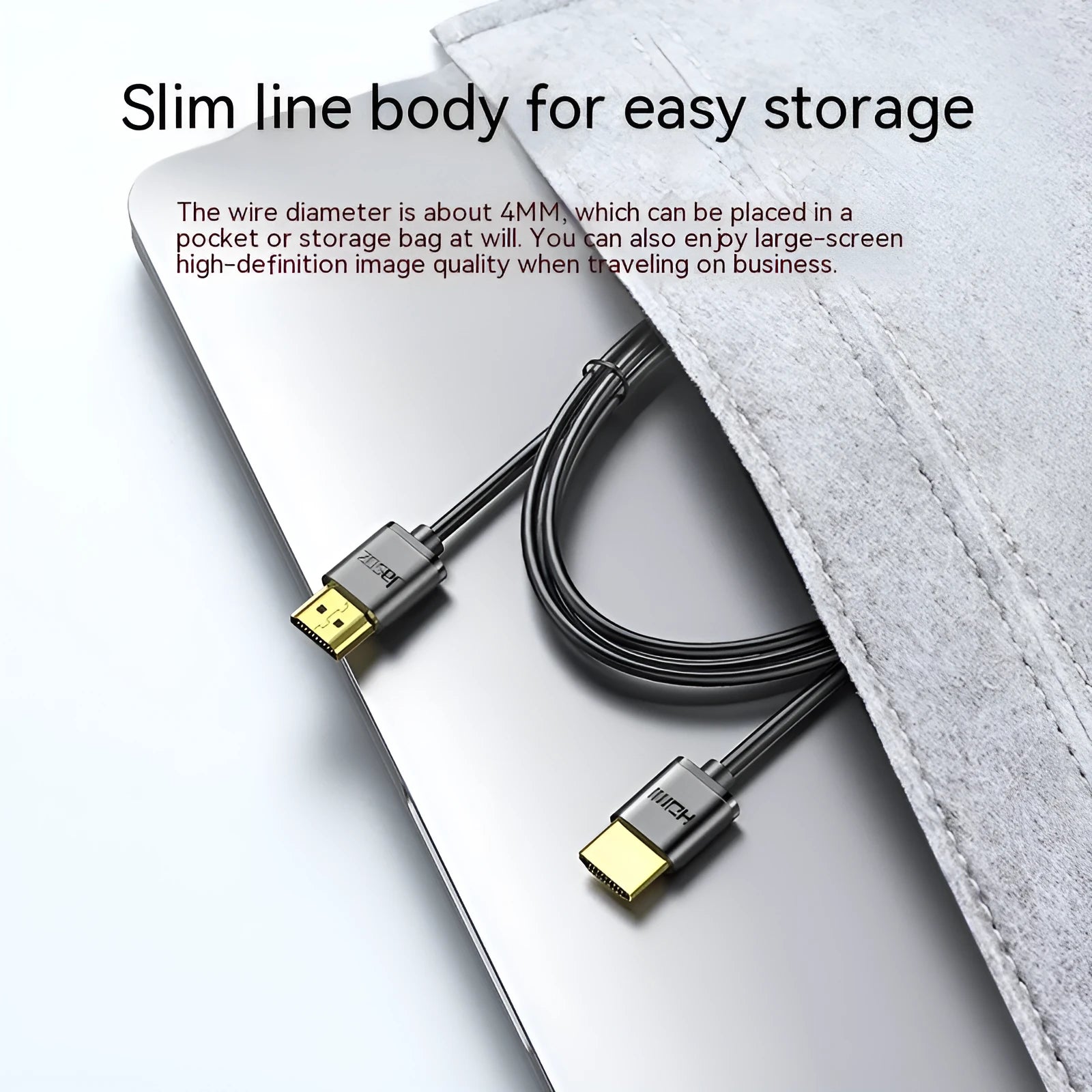 A thin, flexible black HDMI cable with gold-plated connectors on a white background.