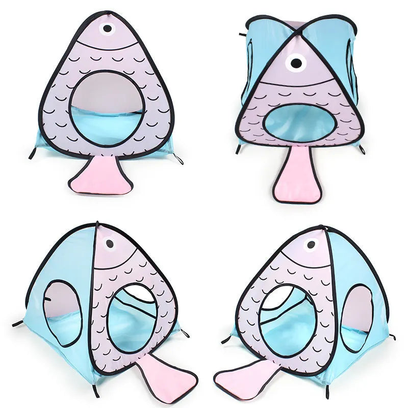 Foldable pet tent and tunnel set with a cat and fish design, made from white PP plastic.