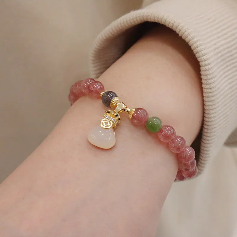 Women's strawberry quartz purse bracelet with geometric shapes and safety buckle