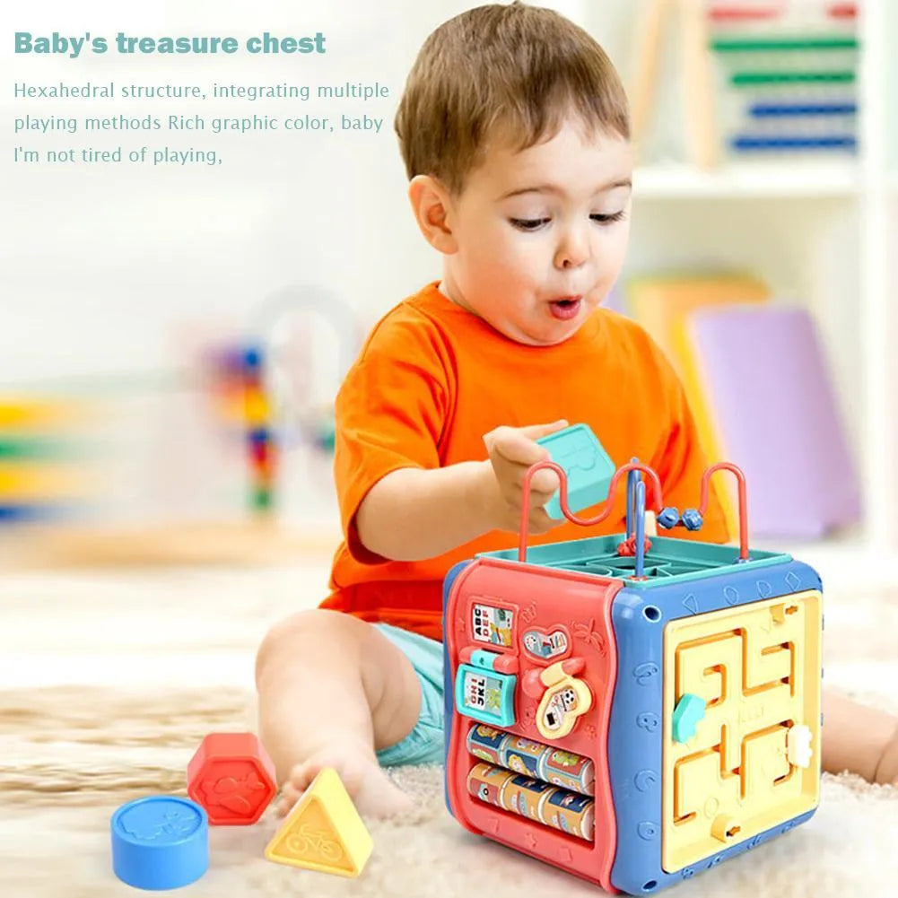 Montessori hexahedron educational toy cube with six different games including bead maze and clock face