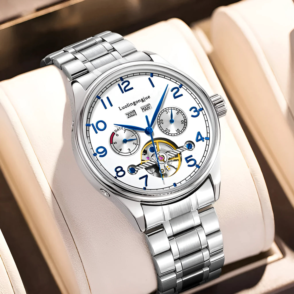 Men's stainless steel mechanical business watch with sapphire crystal and leather strap