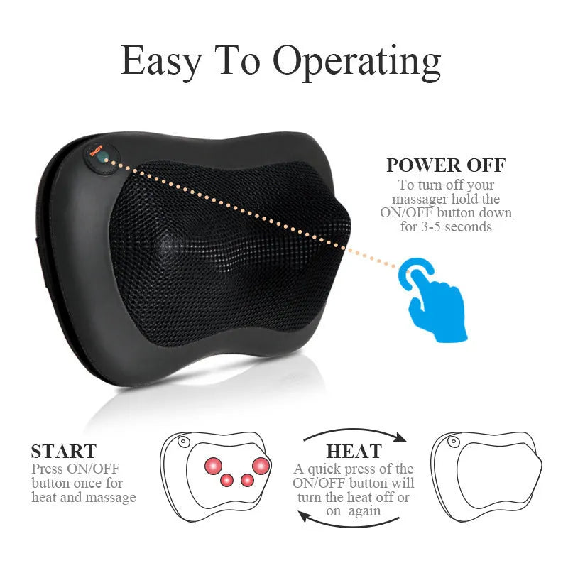 Black cervical vertebra massager cushion with 4 massage heads and infrared heat for car and home use