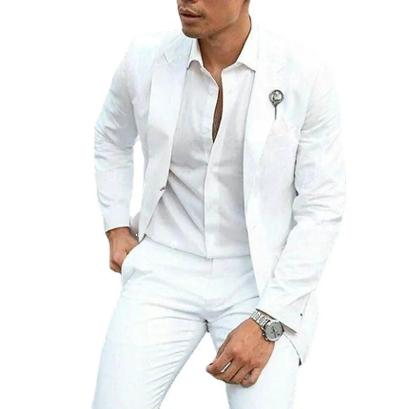 White men's slim fit two-piece wedding suit with acetate-cotton blend fabric
