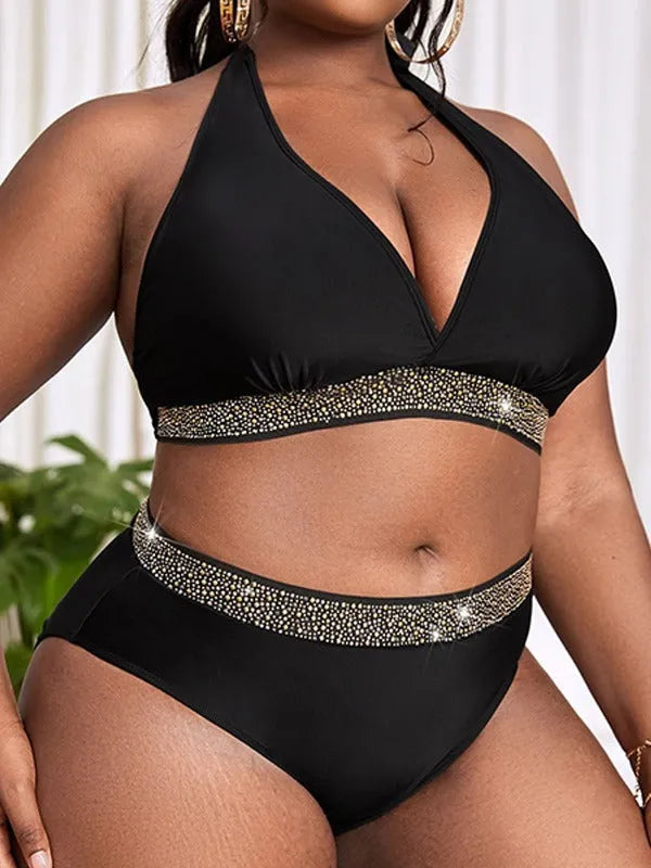 Black plus size women's two-piece polyester bikini swimsuit for swimming and hot spring use