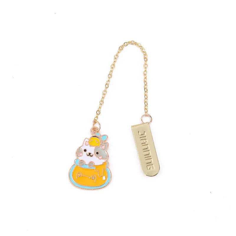 Metal bookmark pendant with a cartoon cat design, options include strawberry cake cat and sleeping cat styles.