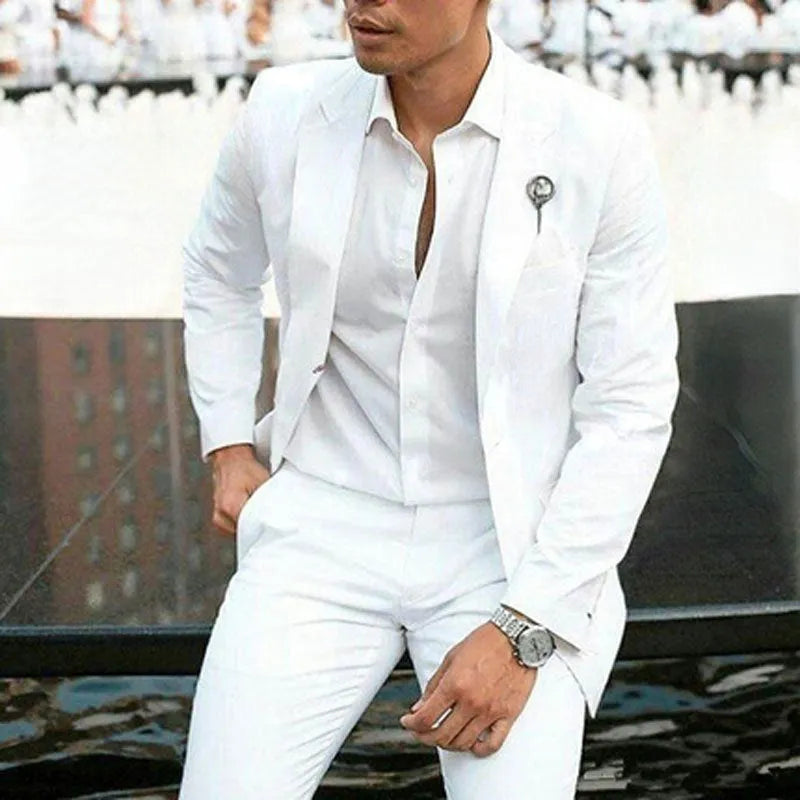 White men's slim fit two-piece wedding suit with acetate-cotton blend fabric