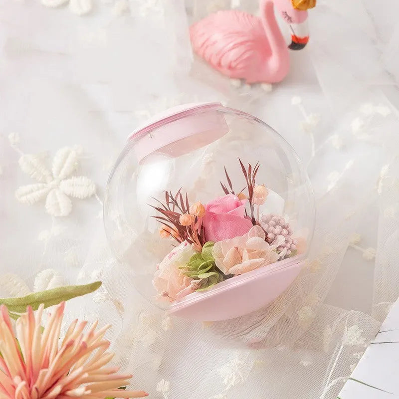 Pink preserved rose ornament with LED lights and optional audio Bluetooth base for birthday Valentine gifts