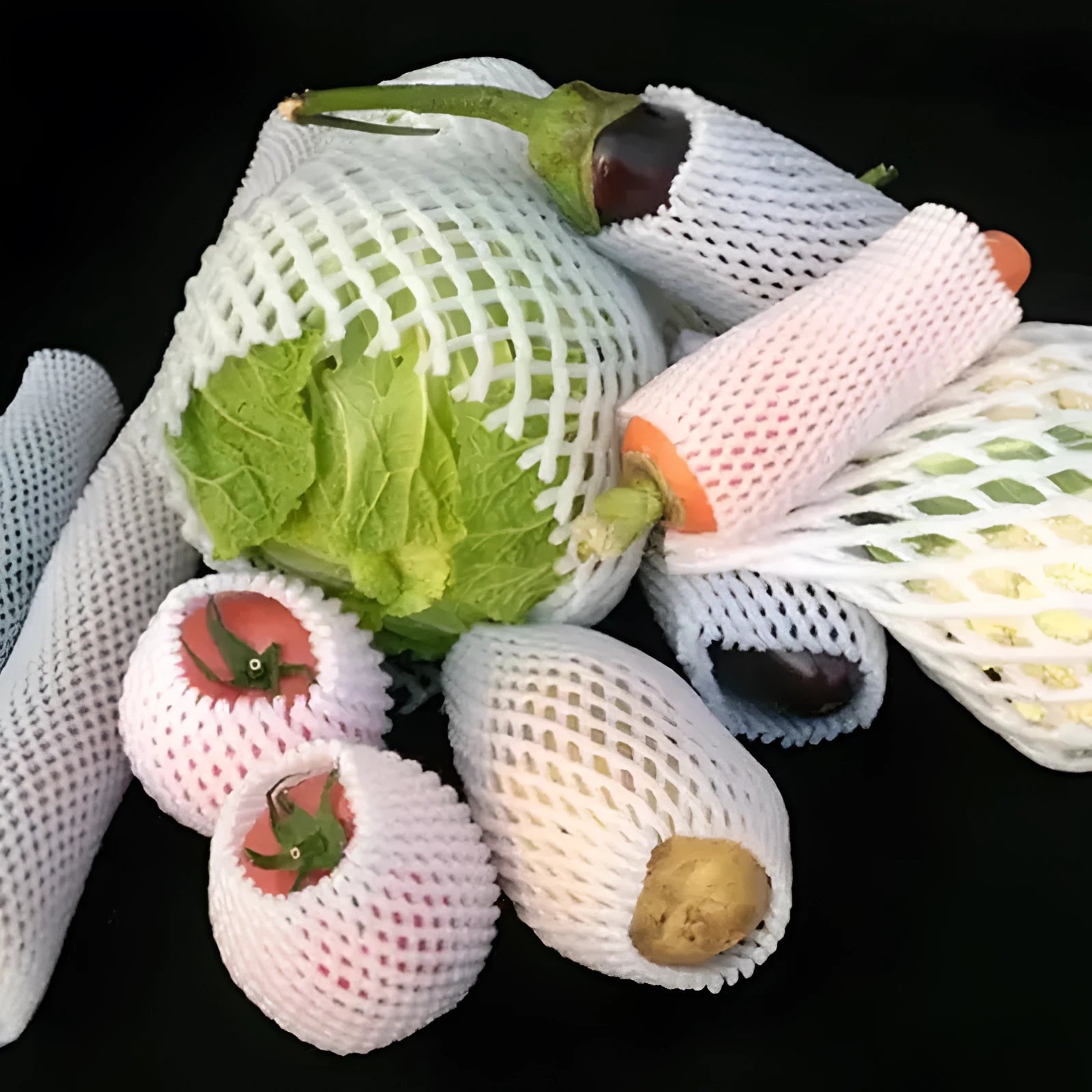 White foam fruit net cover shown in various sizes for protective wrapping.