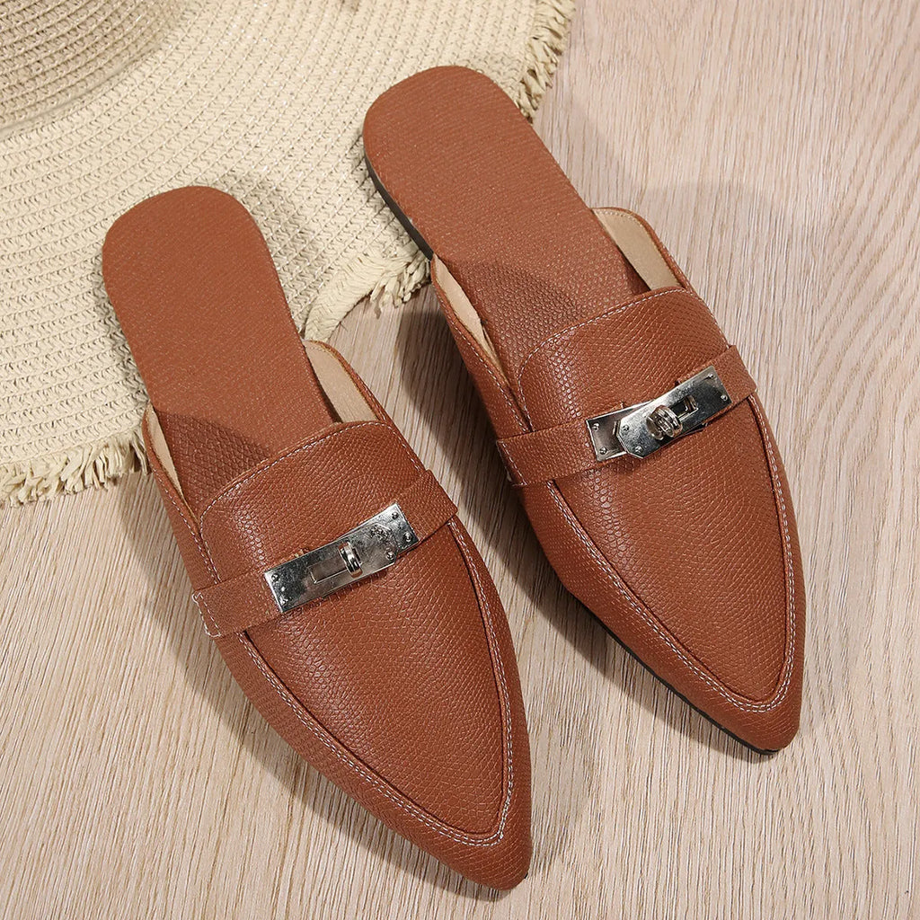 Light brown women's pointed-toe casual slip-on shoes with a low heel and rubber sole.