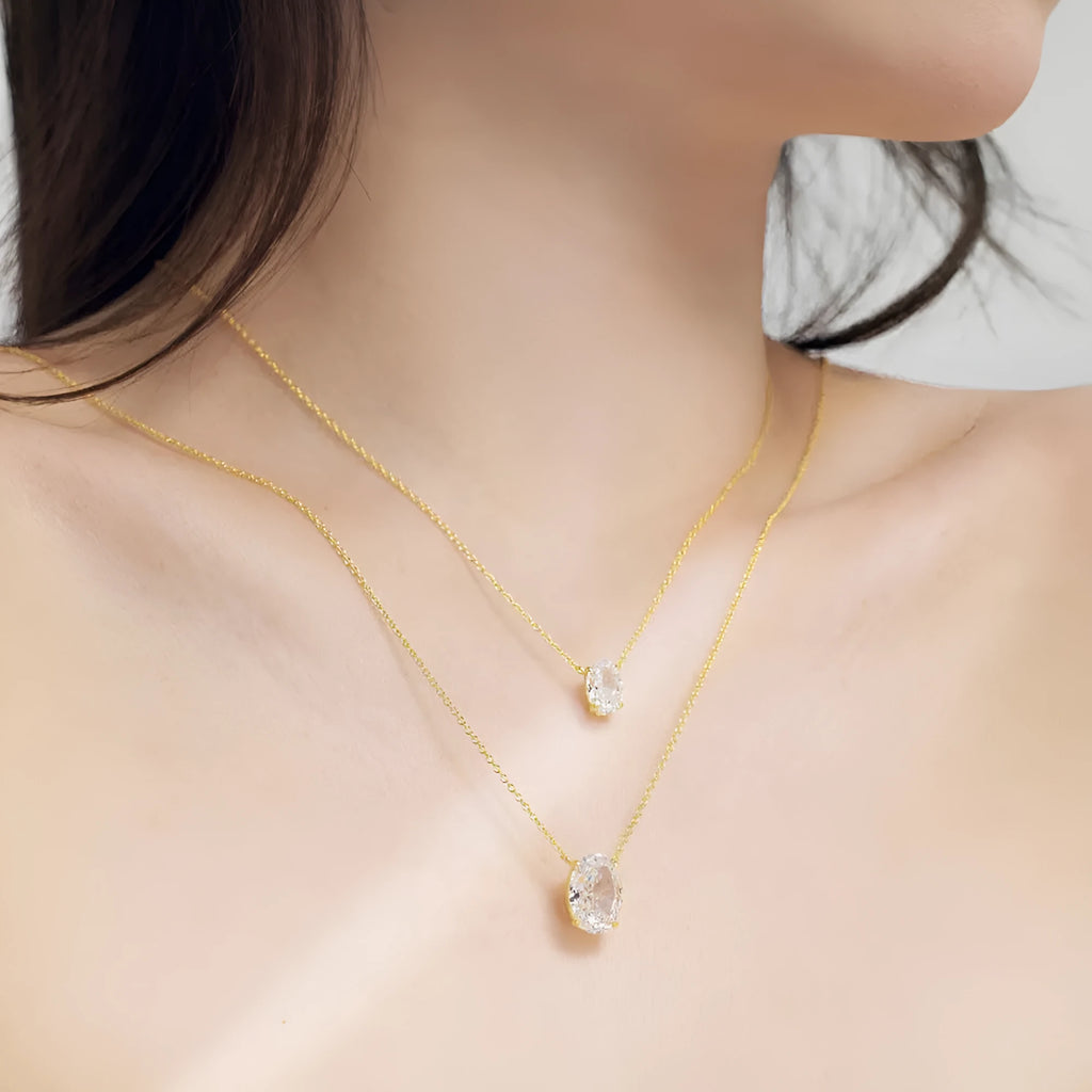 S925 sterling silver necklace with oval ice flower pendant in platinum or gold electroplated finish