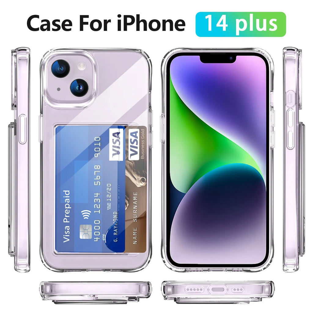 Transparent acrylic two-in-one card holder phone case for iPhone 15, 14, 13, 12 series with card slot visible on back
