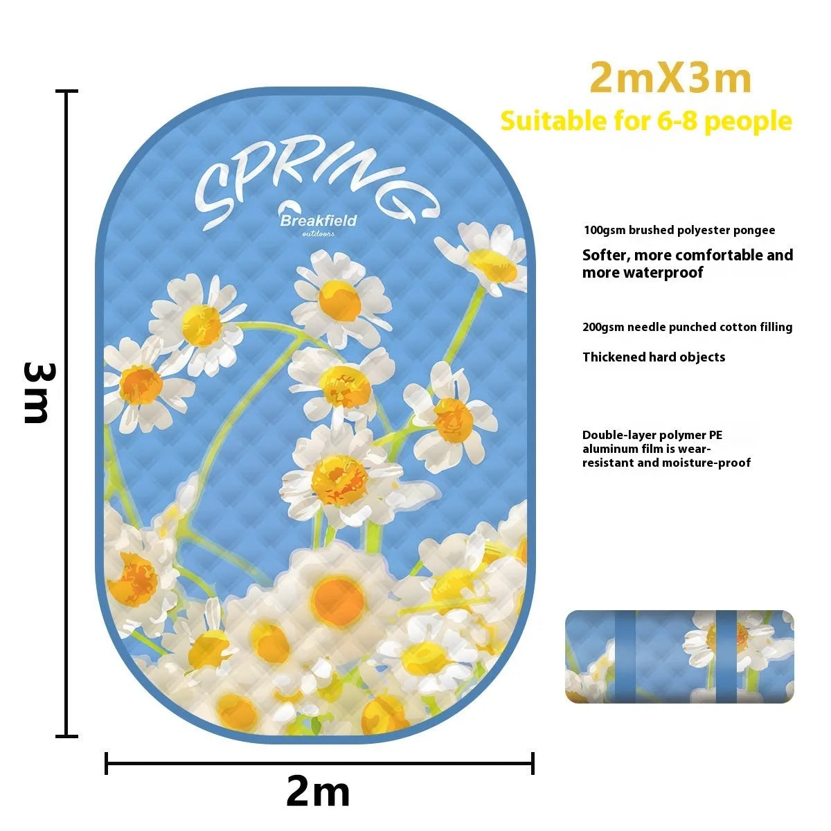 Large rectangular waterproof picnic mat in a seasonal colour, laid out on grass, showing its brushed fabric texture.