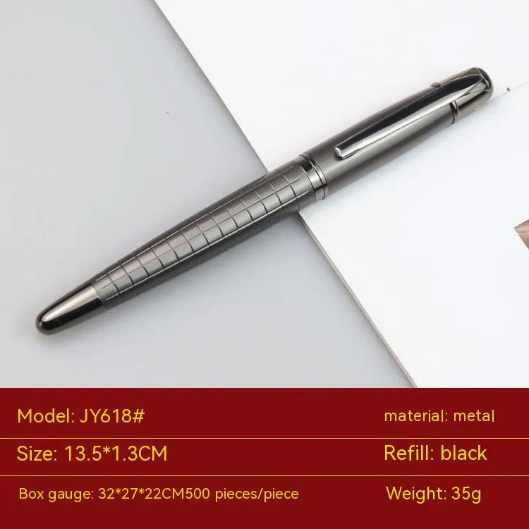 Grey metal roller pen with 13.5cm barrel and water-based ink refill