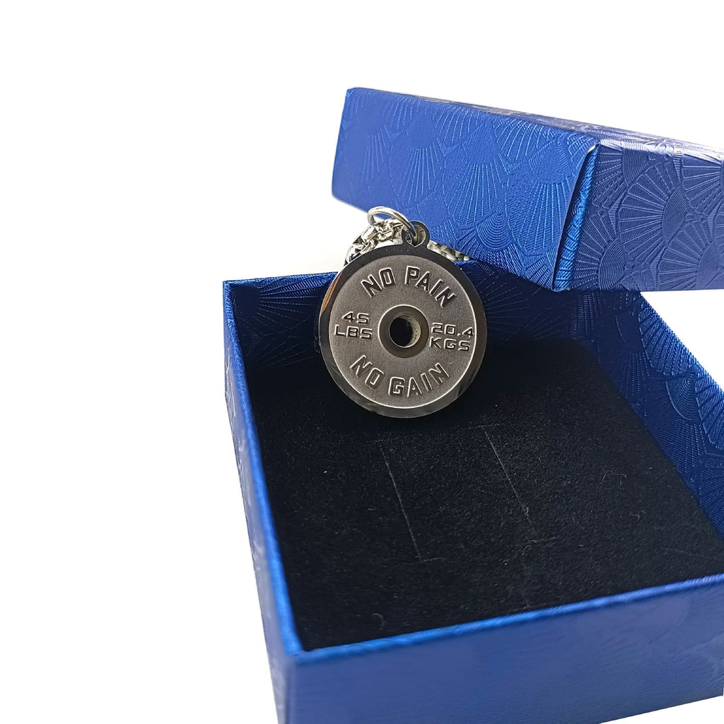 Stainless steel barbell disk necklace with geometric pendant on 60cm chain