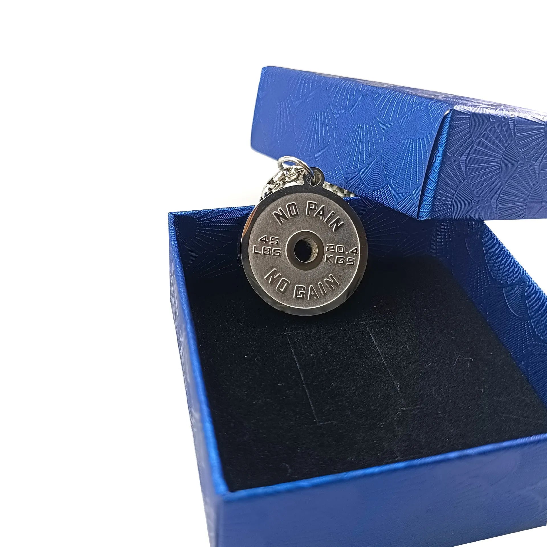 Stainless steel barbell disk necklace with geometric pendant on 60cm chain