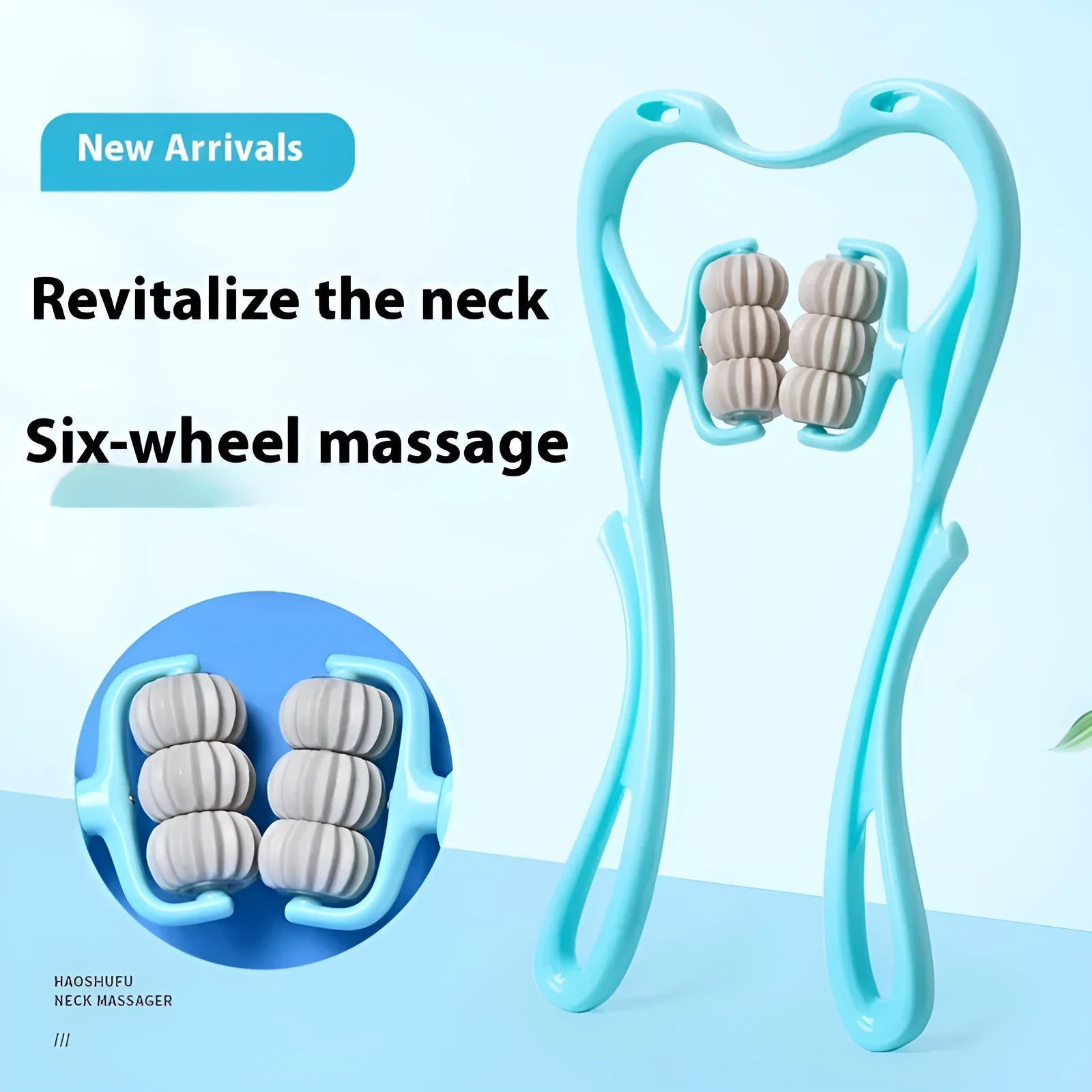 Blue plastic manual massager with six rolling wheels for neck, shoulder and back tension.