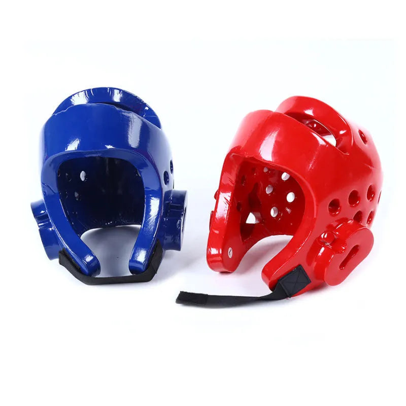 Red and blue karate protective gear set with helmet, boxing gloves, and leg guards for martial arts training