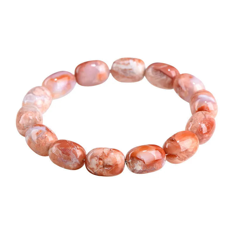 Agate barrel bead bracelet with cherry blossom colour and a ruyi element