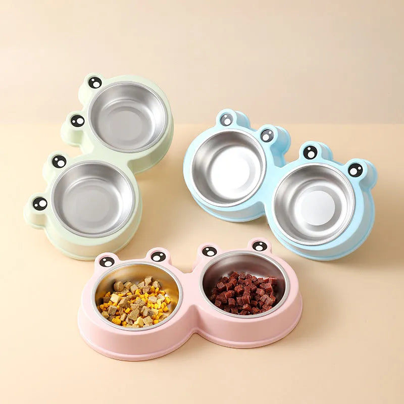 Pet double bowl feeding station with stainless steel frog bowl insert in blue, green, or pink colour options