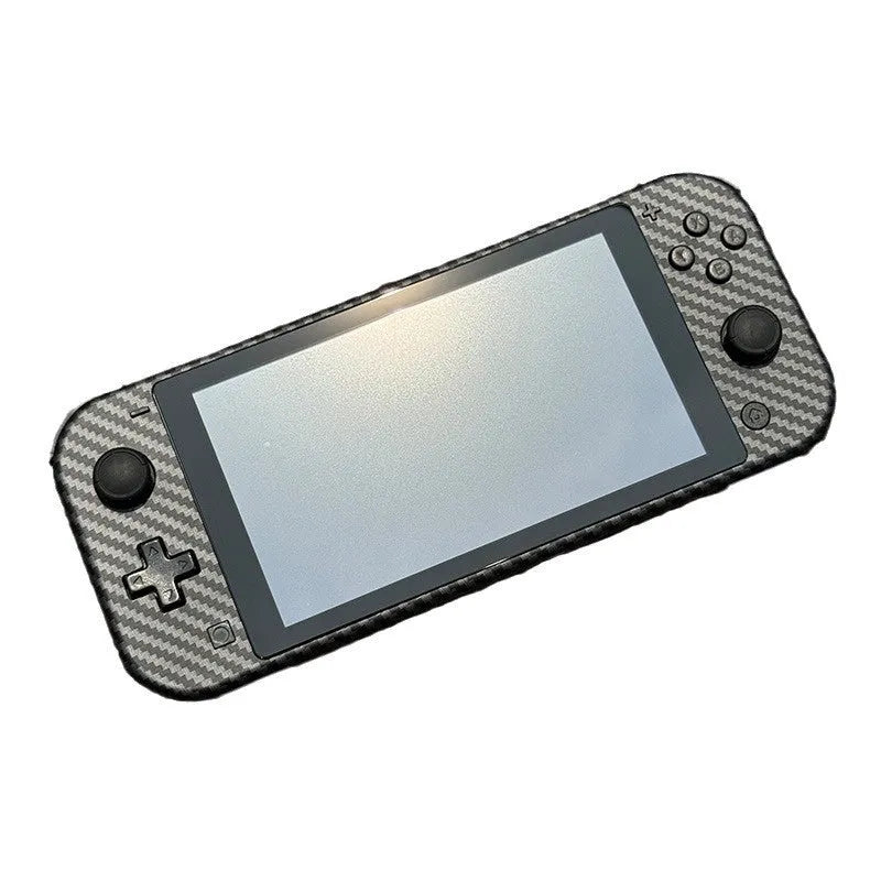 DIY transparent Switch Lite shell kit with ABS PC material, tempered film, and button set on a neutral background