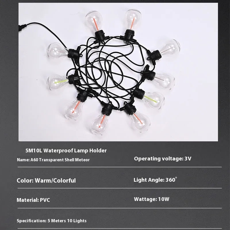 Waterproof 5m outdoor decorative string lights with 10 A60 transparent meteor bulbs in garden setting