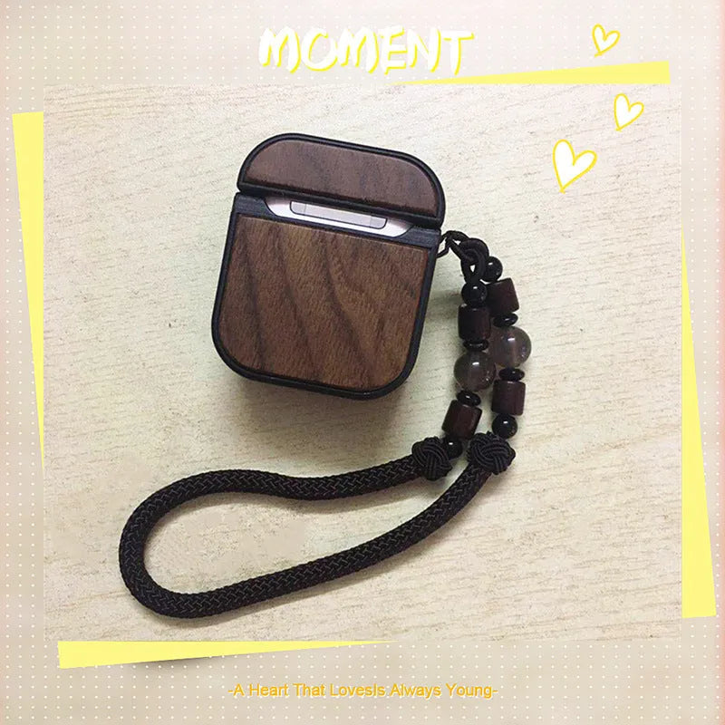 Walnut wooden clamshell case for AirPods 1/2 with vintage solid colour finish and bamboo texture