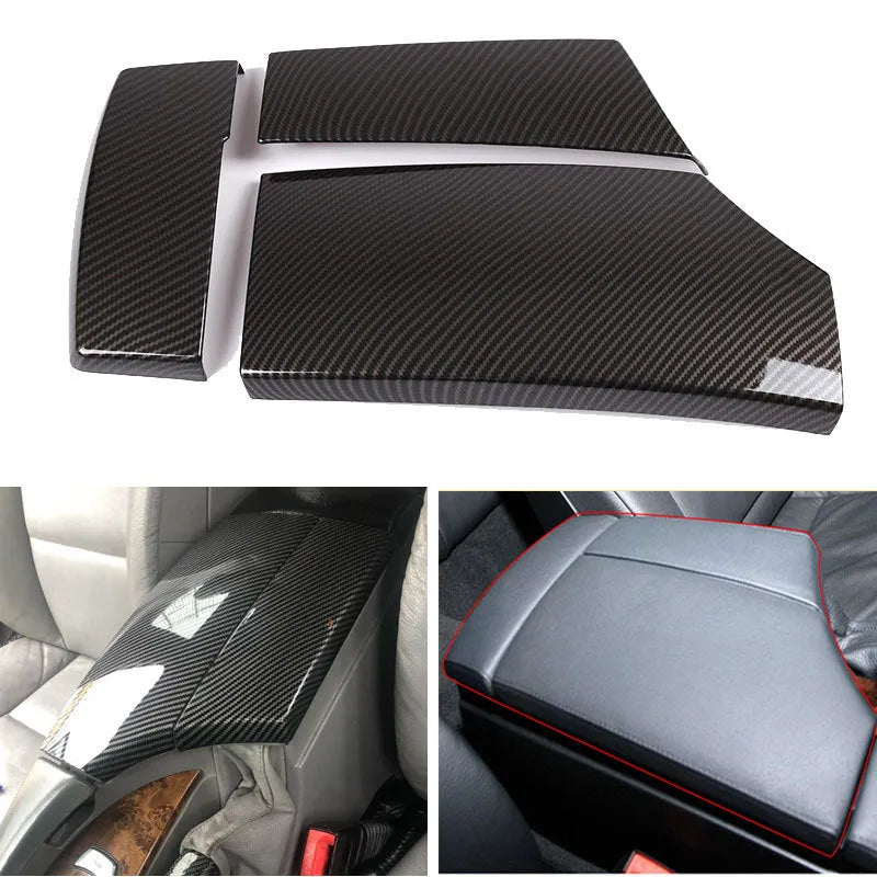 Three black ABS armrest box protective covers with carbon fibre pattern for car centre console