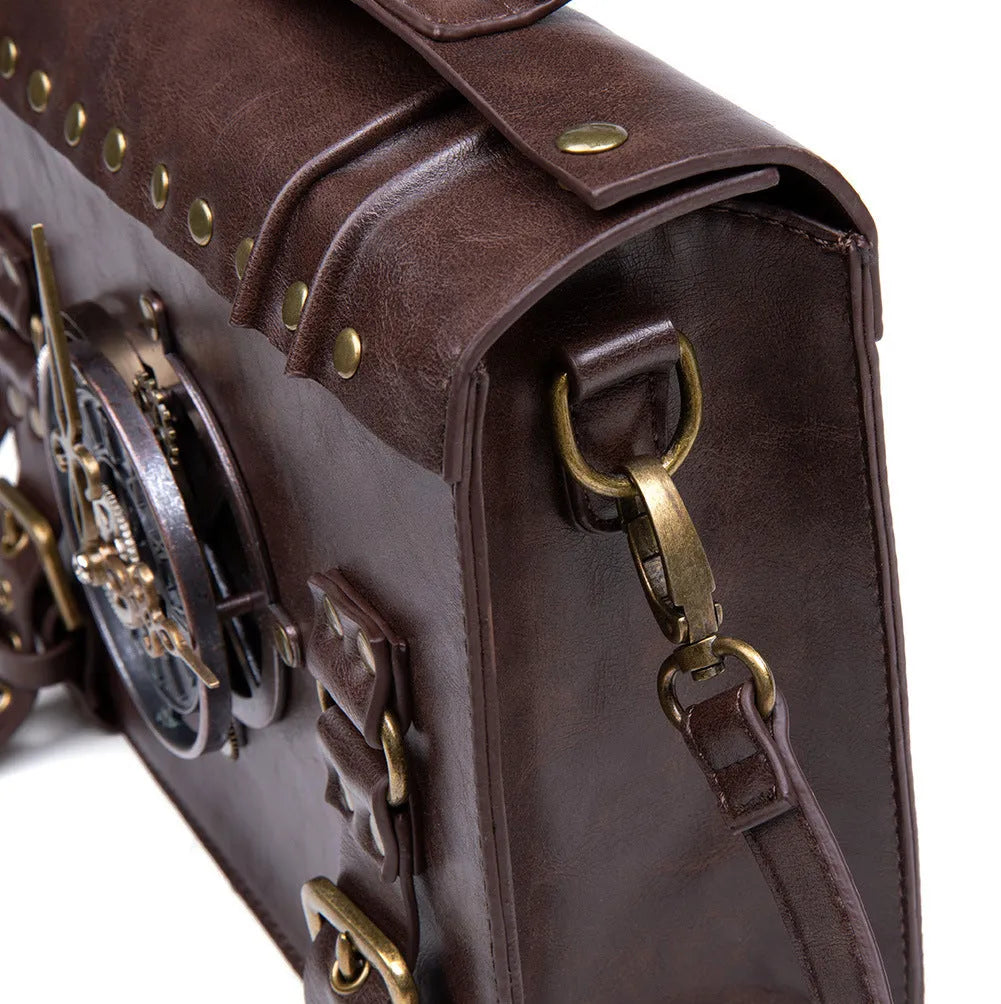 Bronze steampunk industrial retro shoulder bag with horizontal square pillow design and metal accents