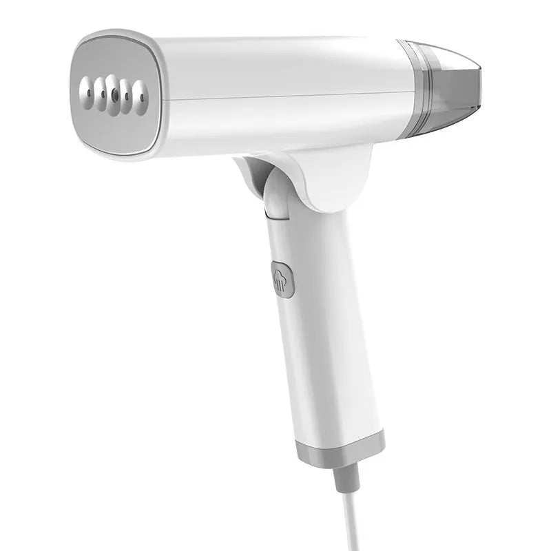 Blue or white handheld garment steamer with 1300W power rating and compact portable design