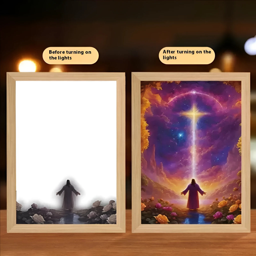 A4 LED light painting photo frame with modern rectangular design and themed artwork options