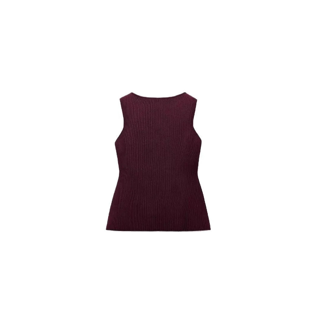 Dark red slim fit sleeveless sweater vest with gold buttons and 3D pattern detailing on a mannequin